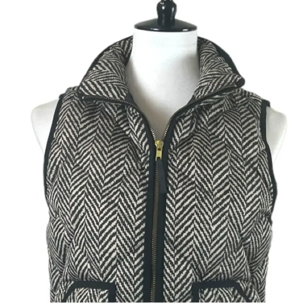 J.Crew Vest Down Filled Quilted Puffer Herringbone Black Tan Women’s Size Small